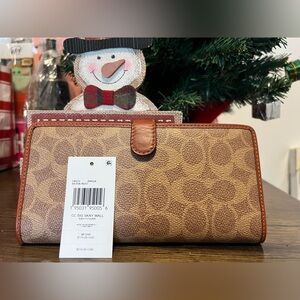 COACH Coated Signature Canvas Contrast Trim Skinny Wallet - Tan Rust